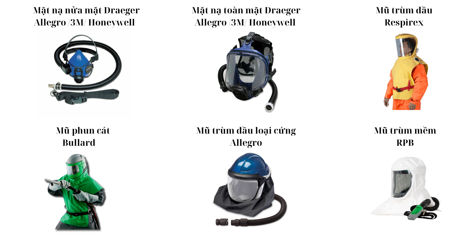 Mặt nạ nửa mặt Draeger Mặt nạ toàn mặt Draeger Mũ trùm đầu Allegro 3M Honeywell Allegro 3M Honeywell Respirex